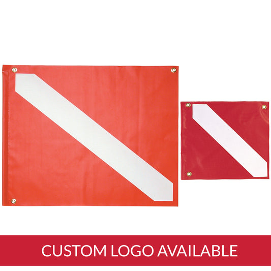 Innovate Scuba Concepts 20 x 24 inch PVC dive flags with red and white diagonal stripes, brass grommets for mounting, and custom logo imprint available - durable scuba diving safety signal flags for boats and underwater activities