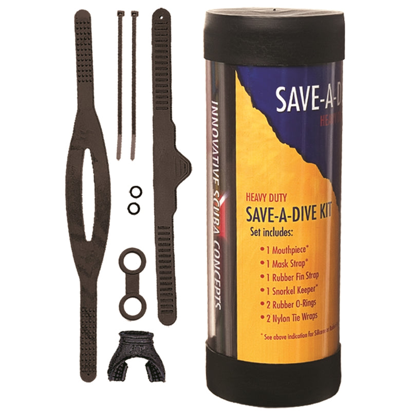 Innovative Scuba Concepts Standard Rubber Save-A-Dive Kit with black carrying case, containing brown rubber dive tools including strap wrenches, pick tools, O-rings, mouthpiece, mask strap, fin strap, snorkel keeper, and nylon tie wraps for scuba equipment repairs