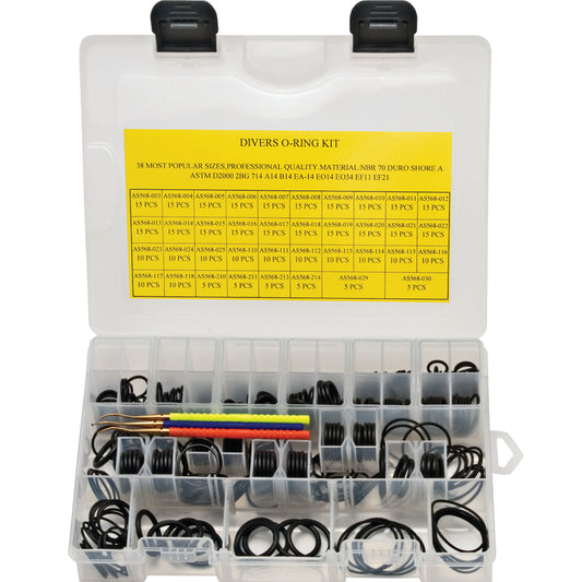 Innovative Scuba Concepts Divers O-Ring Kit with 450 pieces in clear plastic organizer case, containing 38 most popular sizes of professional quality NBR 70 Duro Shore A O-rings organized in labeled compartments with reference chart