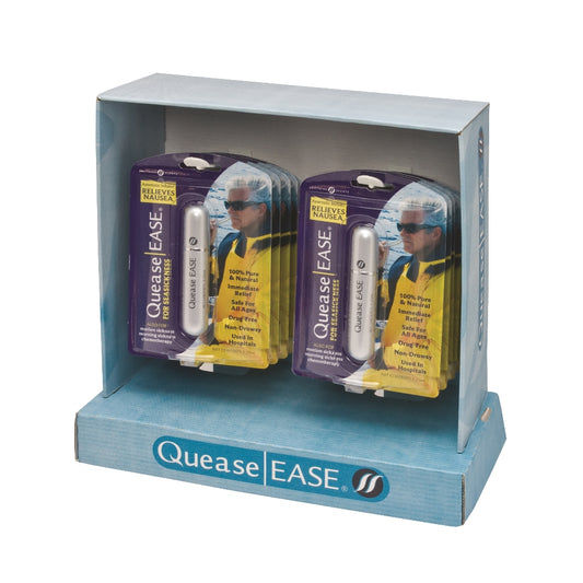 QueaseEASE 2-pack display box containing aromatic inhalers for nausea and seasickness relief