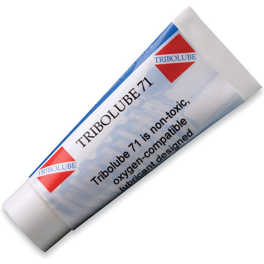 Tribolube 71 tube packaging showing non-toxic oxygen-compatible synthetic silicone lubricant branding