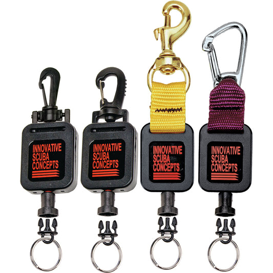 Set of four mini scuba retractors with assorted clips and colored straps in black, yellow, and purple.