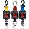 Three standard scuba retractors with yellow, red, and blue straps and various clip types from Innovative Scuba Concepts.