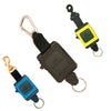 Innovative Scuba Concepts 'The Gripper' retractable gear holders in black, yellow, and blue color variations, each featuring a secure clip and key ring attachment, displayed on a white background.