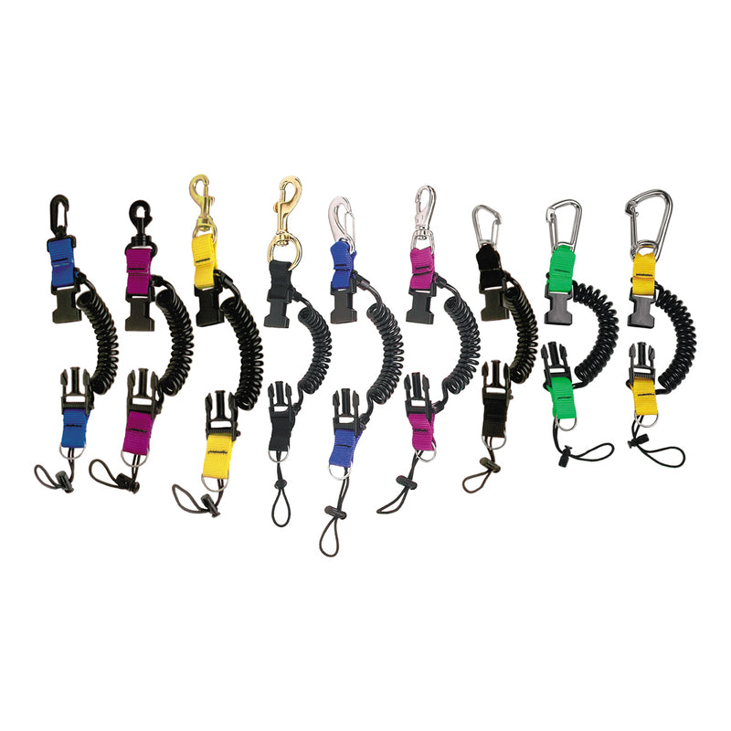 Assorted Innovative Scuba Concepts Snappy Coils in various colors including blue, pink, yellow, black, green, and purple – featuring coiled lanyards with quick-release buckles and clips, arranged in a row on a white background.