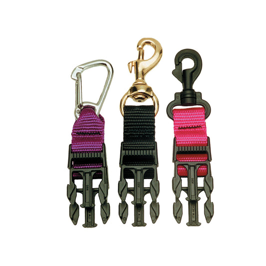 Set of twin male scuba connectors with black squeeze clips and colorful straps in purple, black, and pink.