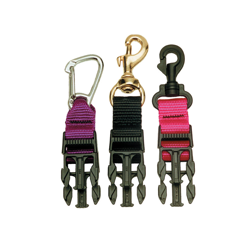 Set of twin male scuba connectors with black squeeze clips and colorful straps in purple, black, and pink.