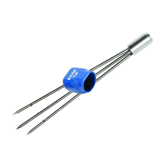 Three-prong spear tip with blue grip sleeve and stainless steel construction for spearfishing