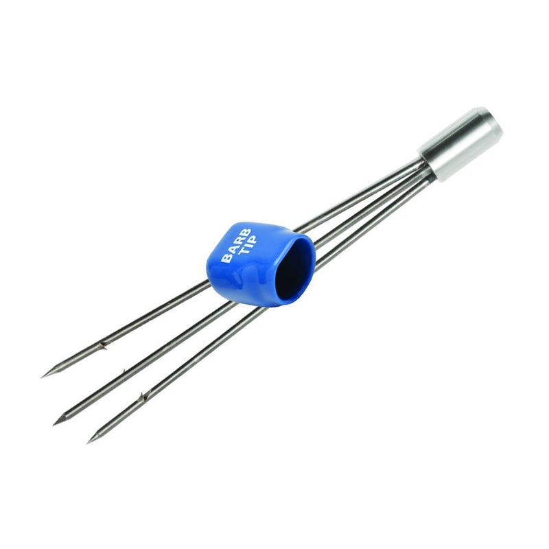 Three-prong spear tip with blue grip sleeve and stainless steel construction for spearfishing