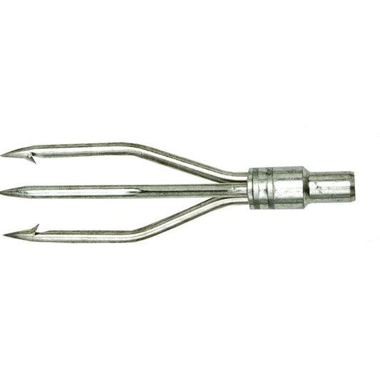 Stainless steel three-prong fishing spear tip with barbed tines and threaded connection fitting