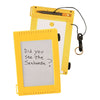 Yellow underwater writing slate with lanyard attachment and white mesh surface, showing handwritten text 'Did you see the Seahorse?