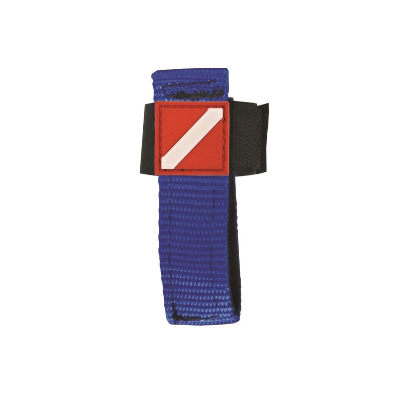 Innovative Scuba Concepts blue dive knife leg strap with red diver down flag patch and adjustable velcro fastening