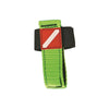 Innovative Scuba Concepts lime green dive knife leg strap with red diver down flag patch and secure velcro attachment
