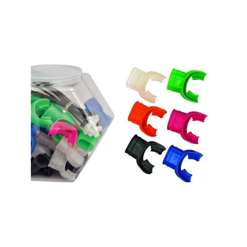 Colorful silicone snorkel keepers in storage jar with individual clips in multiple colors including green, clear, red, pink, black and blue