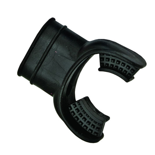 Black silicone snorkel keeper clip with textured grip surface for secure attachment