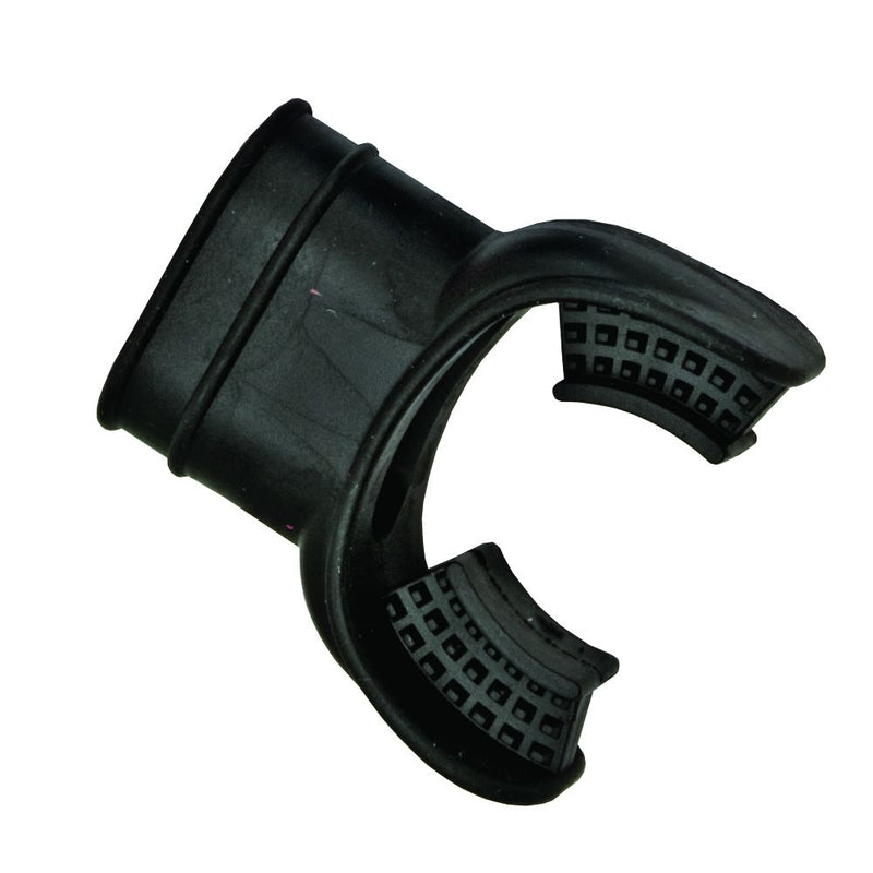 Black silicone snorkel keeper clip with textured grip surface for secure attachment