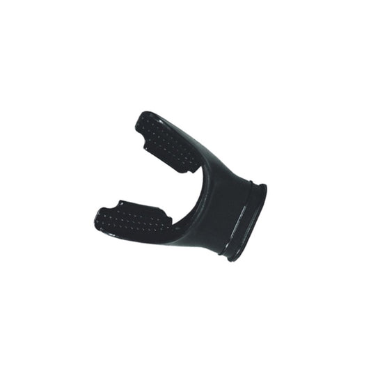 Black silicone diving regulator mouthpiece with ergonomic bite tabs for comfortable underwater breathing