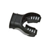Black scuba regulator mouthpiece with white bite tabs and ergonomic comfort design for diving