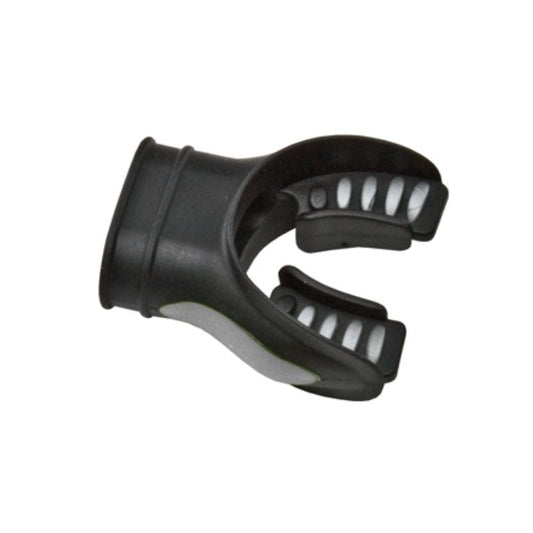 Black scuba regulator mouthpiece with white bite tabs and ergonomic comfort design for diving