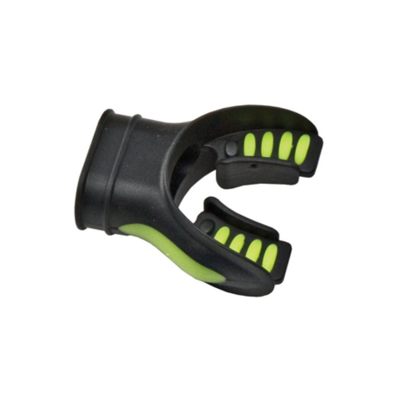 Black and green scuba regulator mouthpiece with lime green bite tabs and ergonomic comfort features