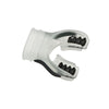 Clear and black scuba diving mouthpiece with contrasting bite tabs and transparent body design