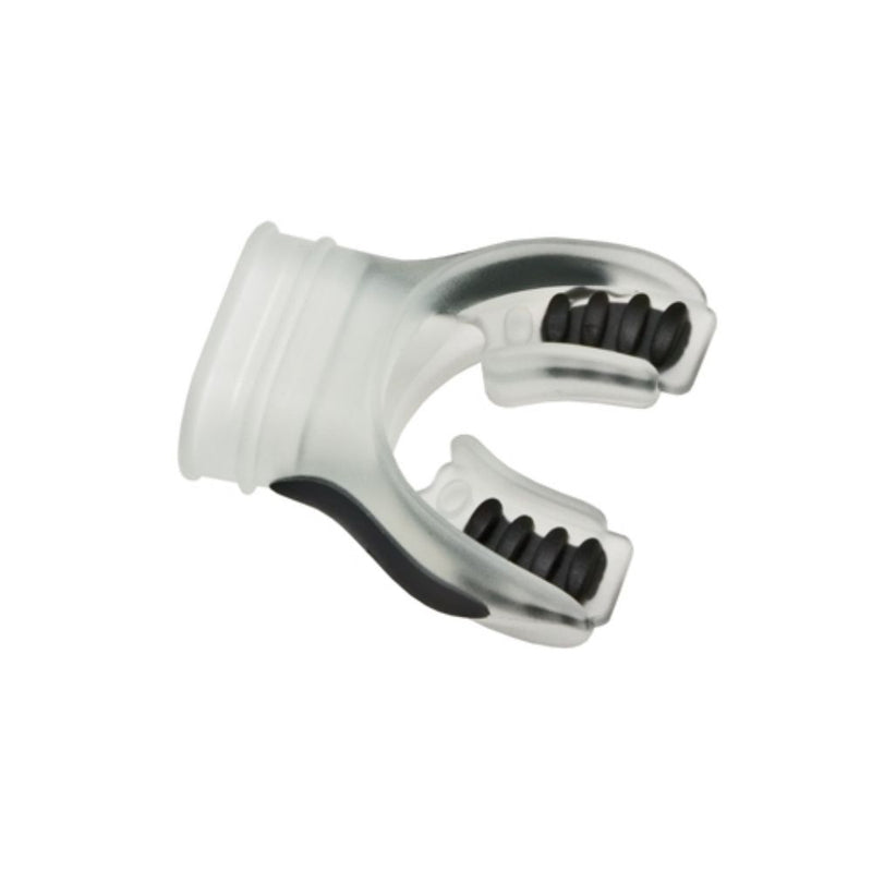 Clear and black scuba diving mouthpiece with contrasting bite tabs and transparent body design