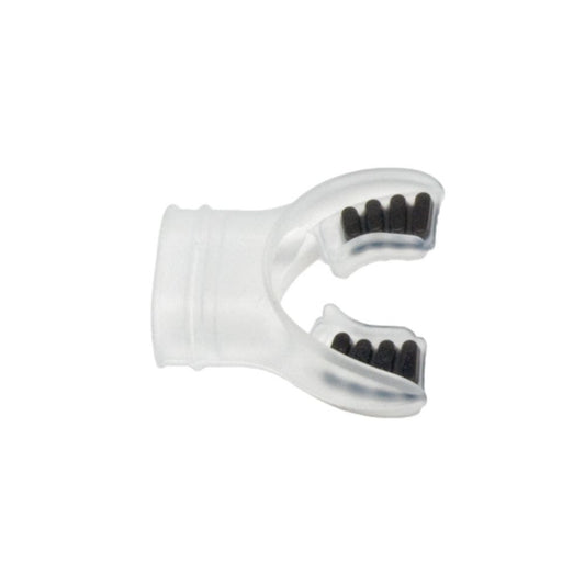 Innovative Scuba Concepts clear silicone scuba mouthpiece with black bite tabs.
