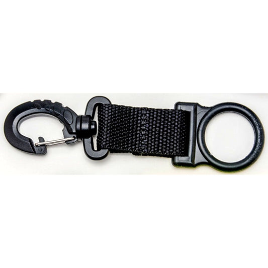 Black scuba octo holder with clip and nylon strap for attaching regulator
