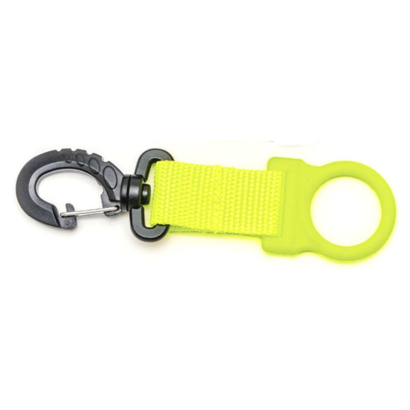 High-visibility yellow scuba octo holder with clip and nylon strap for attaching regulator