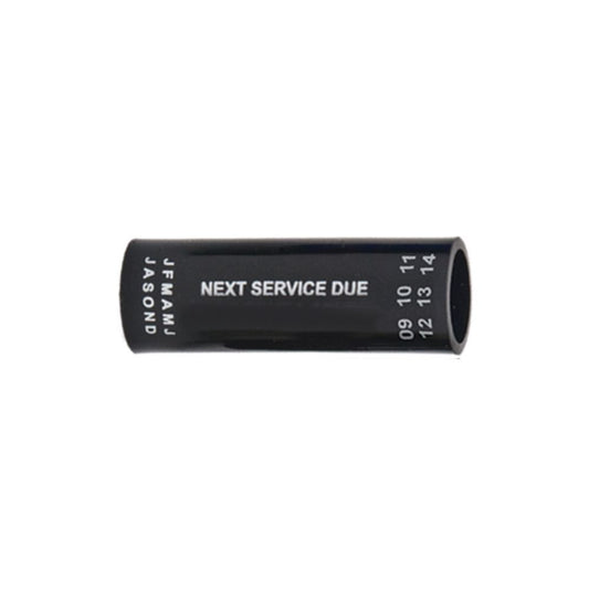 Black regulator hose tag with "NEXT SERVICE DUE" text and month/year markings – Innovative Scuba Concepts.