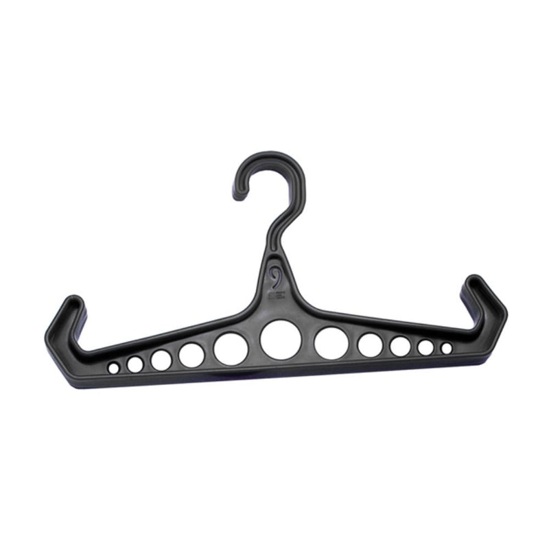 Black scuba gear hanger with side hooks and multiple ventilation holes – Innovative Scuba Concepts.
