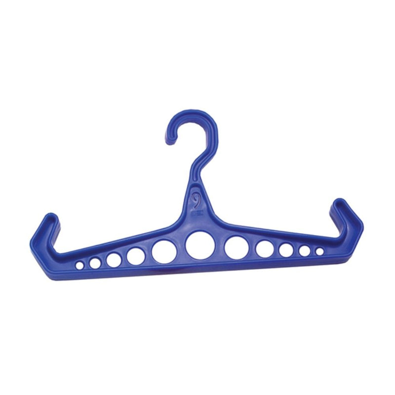 Blue scuba gear hanger with side hooks and multiple ventilation holes – Innovative Scuba Concepts.