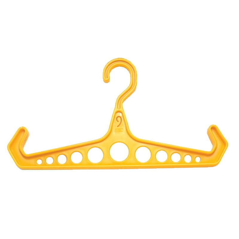 Yellow scuba gear hanger with side hooks and multiple ventilation holes – Innovative Scuba Concepts.