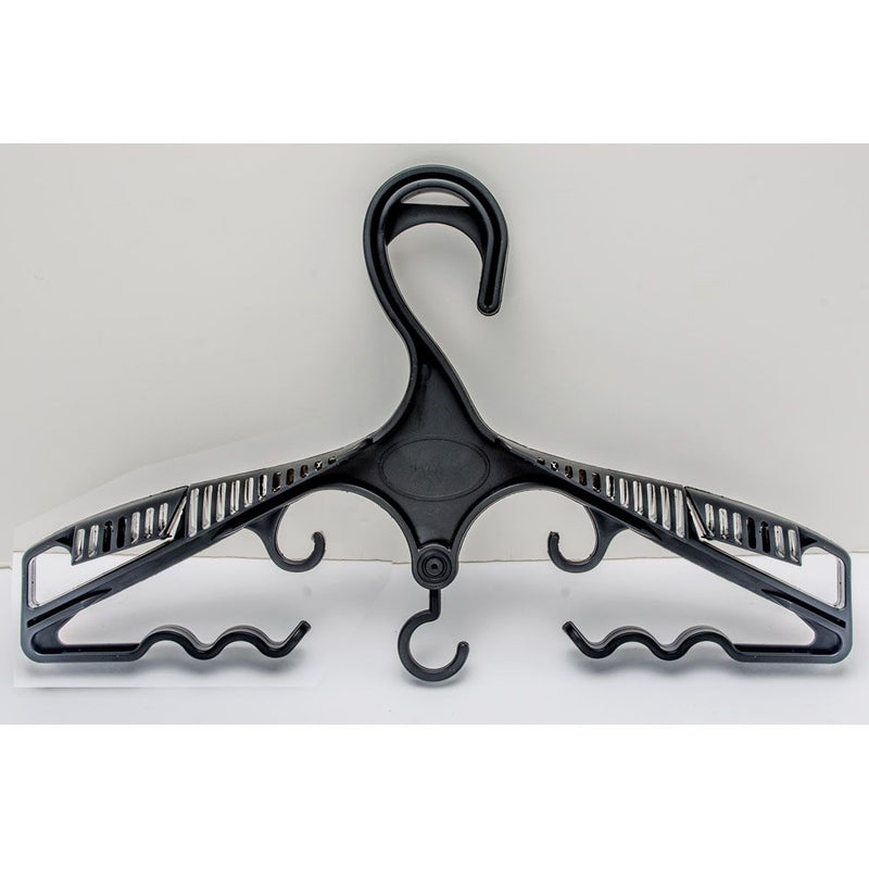 Black multi-purpose scuba gear hanger with integrated accessory hooks – Innovative Scuba Concepts.