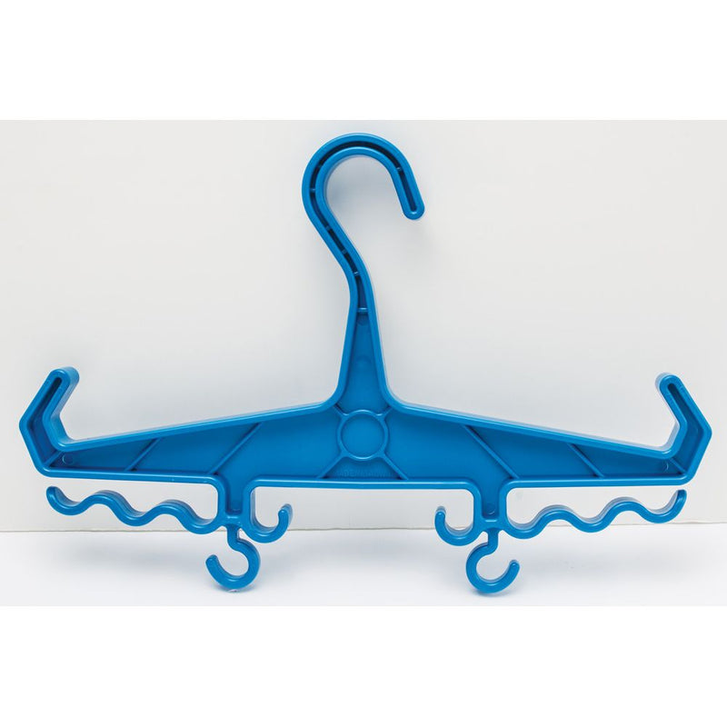 Blue multi-purpose scuba gear hanger with integrated accessory hooks – Innovative Scuba Concepts.