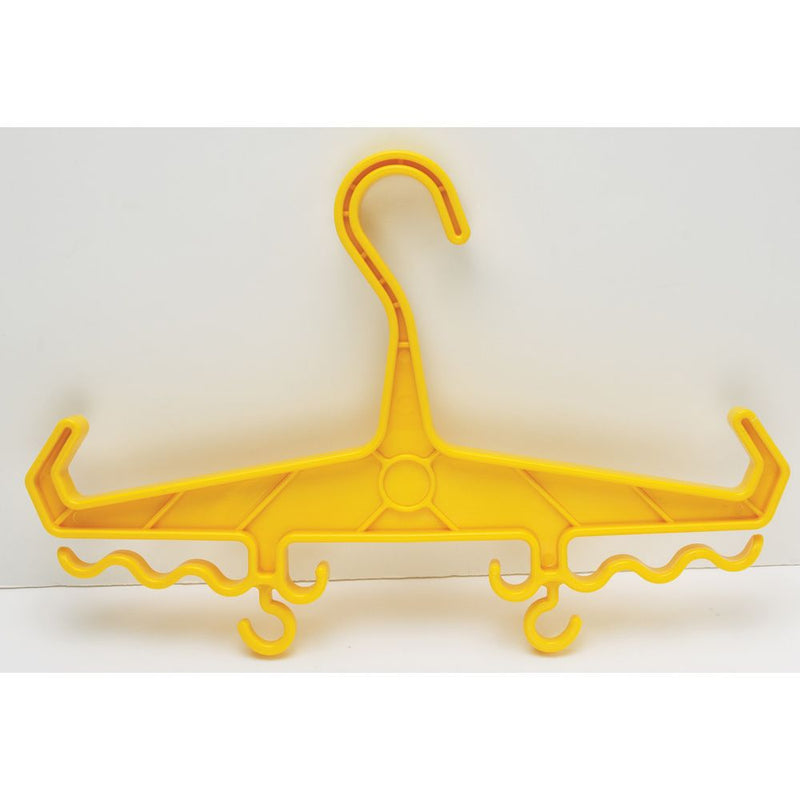 Yellow multi-purpose scuba gear hanger with integrated accessory hooks – Innovative Scuba Concepts.