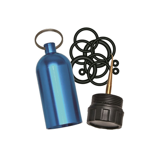 Blue anodized scuba tank valve with o-ring service kit including black rubber seals and brass fittings for diving equipment maintenance