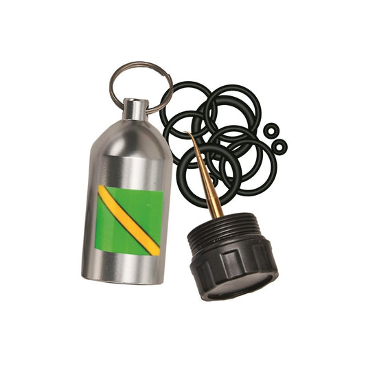 Scuba tank valve service kit with brass fittings, black o-rings and seals for diving equipment maintenance and repair
