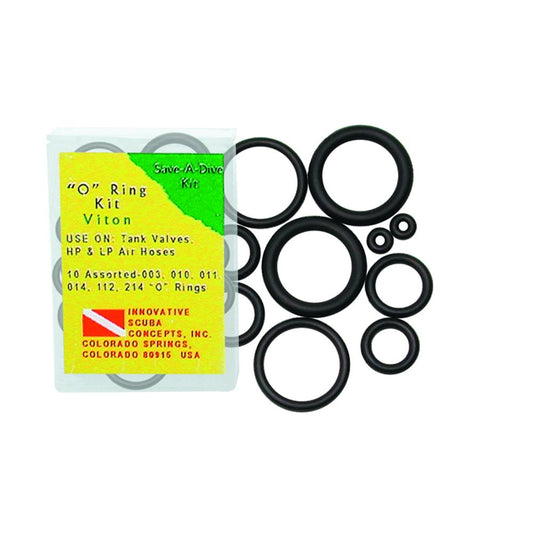 "O" Ring Kit Viton - 10 assorted black O-rings with yellow product packaging by Innovative Scuba Concepts