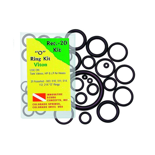 Rec-20 "O" Ring Kit Viton - 20 assorted black O-rings with yellow and green product packaging by Innovative Scuba Concepts