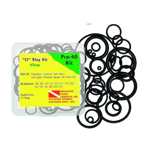 Pro-40 "O" Ring Kit Viton - 40 assorted black O-rings with yellow and green product packaging by Innovative Scuba Concepts