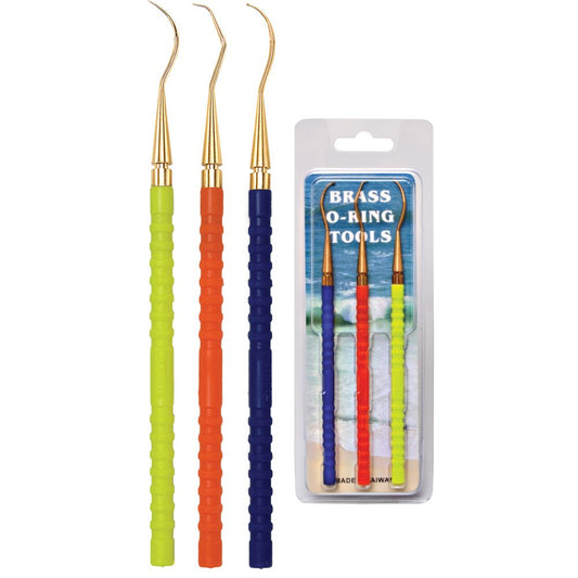 Brass O-ring tools set of 3 with colorful grip handles (green, red, blue) including retail packaging by Innovative Scuba Concepts