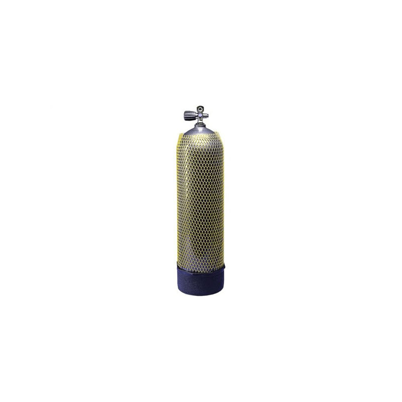 Yellow and blue mesh scuba tank with valve - Innovative Scuba Concepts diving air cylinder equipment