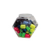 Innovative Scuba Concepts hexagonal storage container filled with colorful rubber tank boot protectors in various bright colors including red, green, yellow, blue, and black