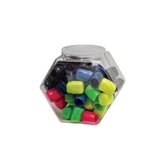 Innovative Scuba Concepts hexagonal storage container filled with colorful rubber tank boot protectors in various bright colors including red, green, yellow, blue, and black