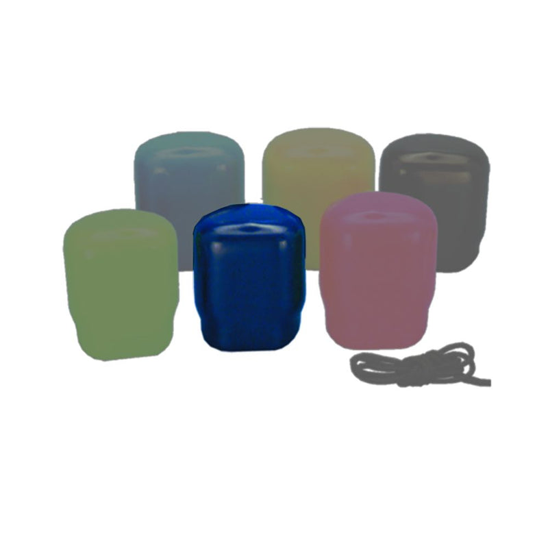 Collection of 6 Innovative Scuba Concepts tank boot protectors featuring olive green, teal, beige, bright blue, purple, and gray colors with gray lanyard