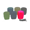 Innovative Scuba Concepts tank boot protector set showing olive green, teal, beige, gray, bright red/pink, and black boots with lanyard