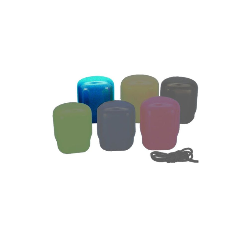 Set of 6 Innovative Scuba Concepts tank boot protectors in olive green, bright blue, beige, purple, gray, and black with gray lanyard