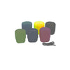 Collection of 6 Innovative Scuba Concepts tank boot protectors featuring olive green, teal, beige, bright yellow, purple, and gray with lanyard