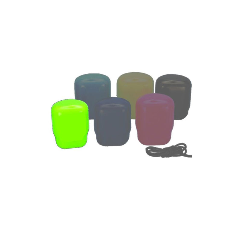 Set of 6 Innovative Scuba Concepts tank boot protectors showing olive green, teal, beige, gray, bright green, and purple colors with lanyard